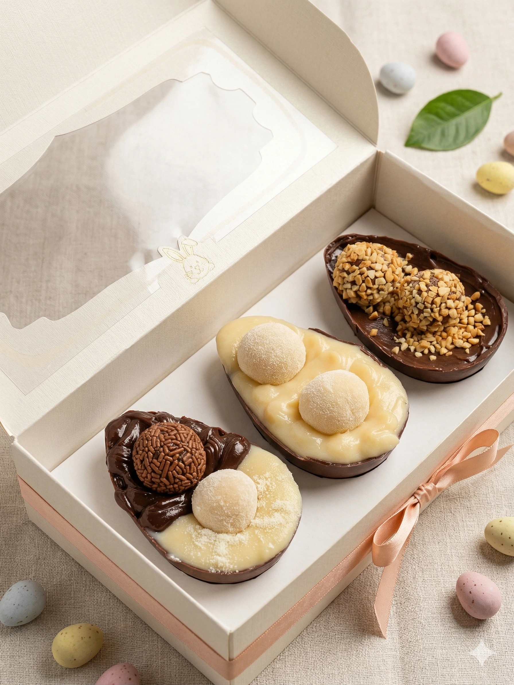 Trio de ovos de páscoa recheados gourmet em caixa personalizada Brasília DF